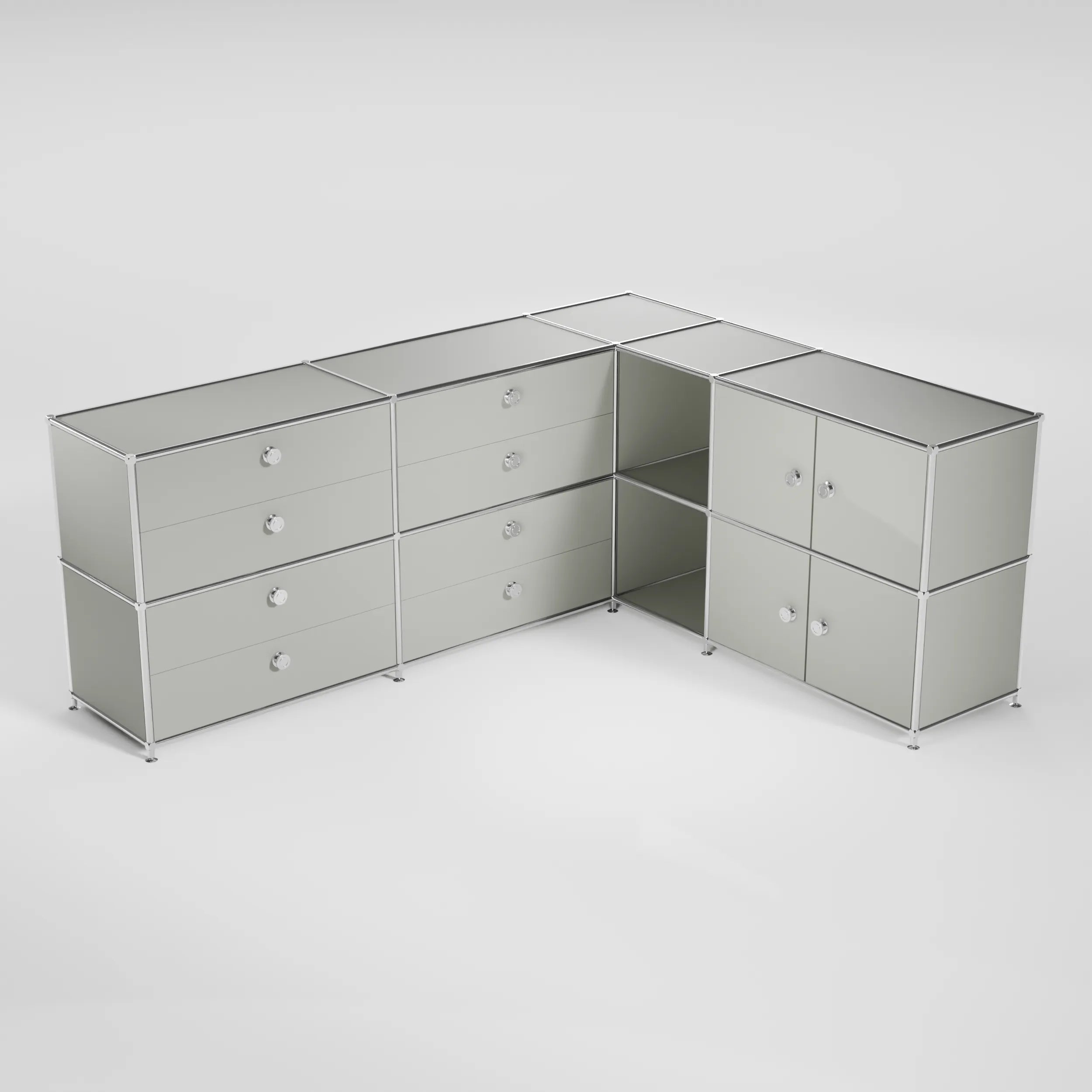 Ecksideboard hellgrau mit 8 Schubladen, 4 Klappen und Griffen – großes Flexcube Sideboard