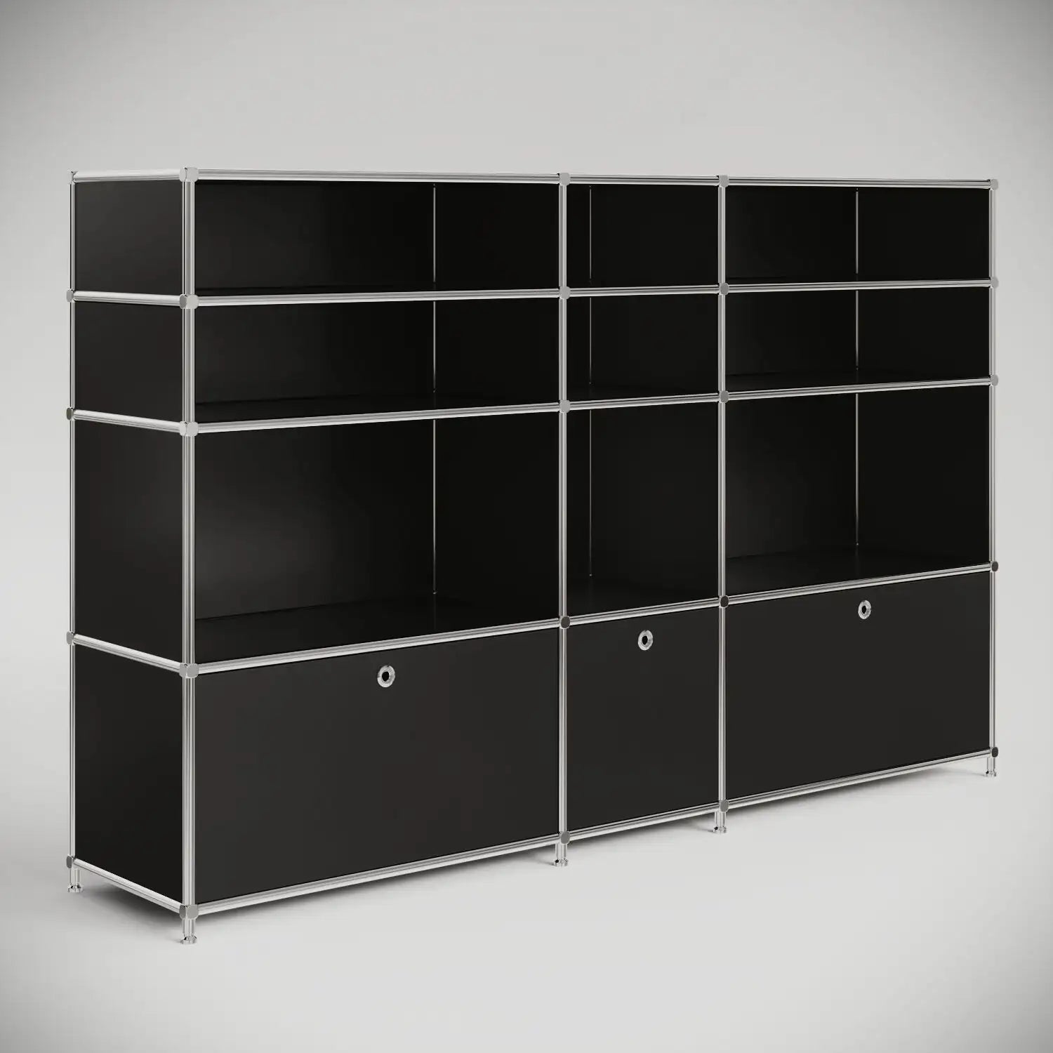 Comptoir d'accueil noir avec compartiments bas et hauts