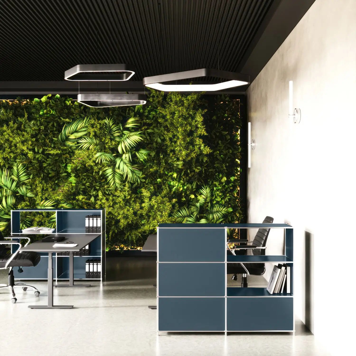 Small reception counter in petrol blue with 2 compartments for product presentation