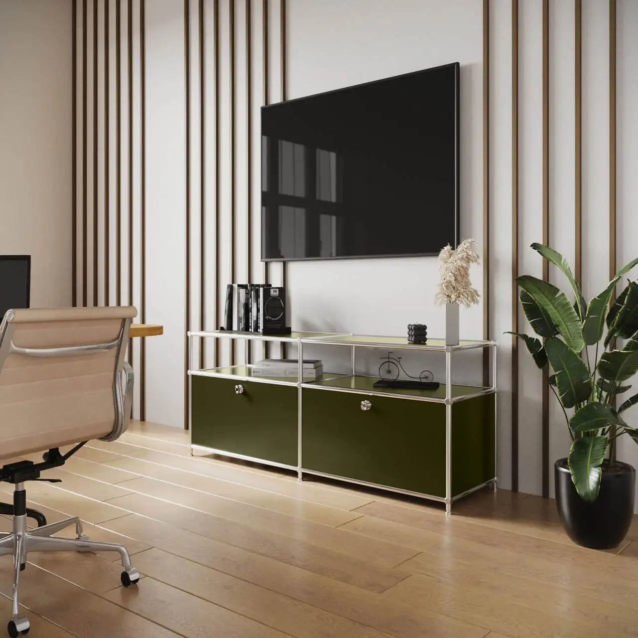 Lowboard in olive green with 2 flaps