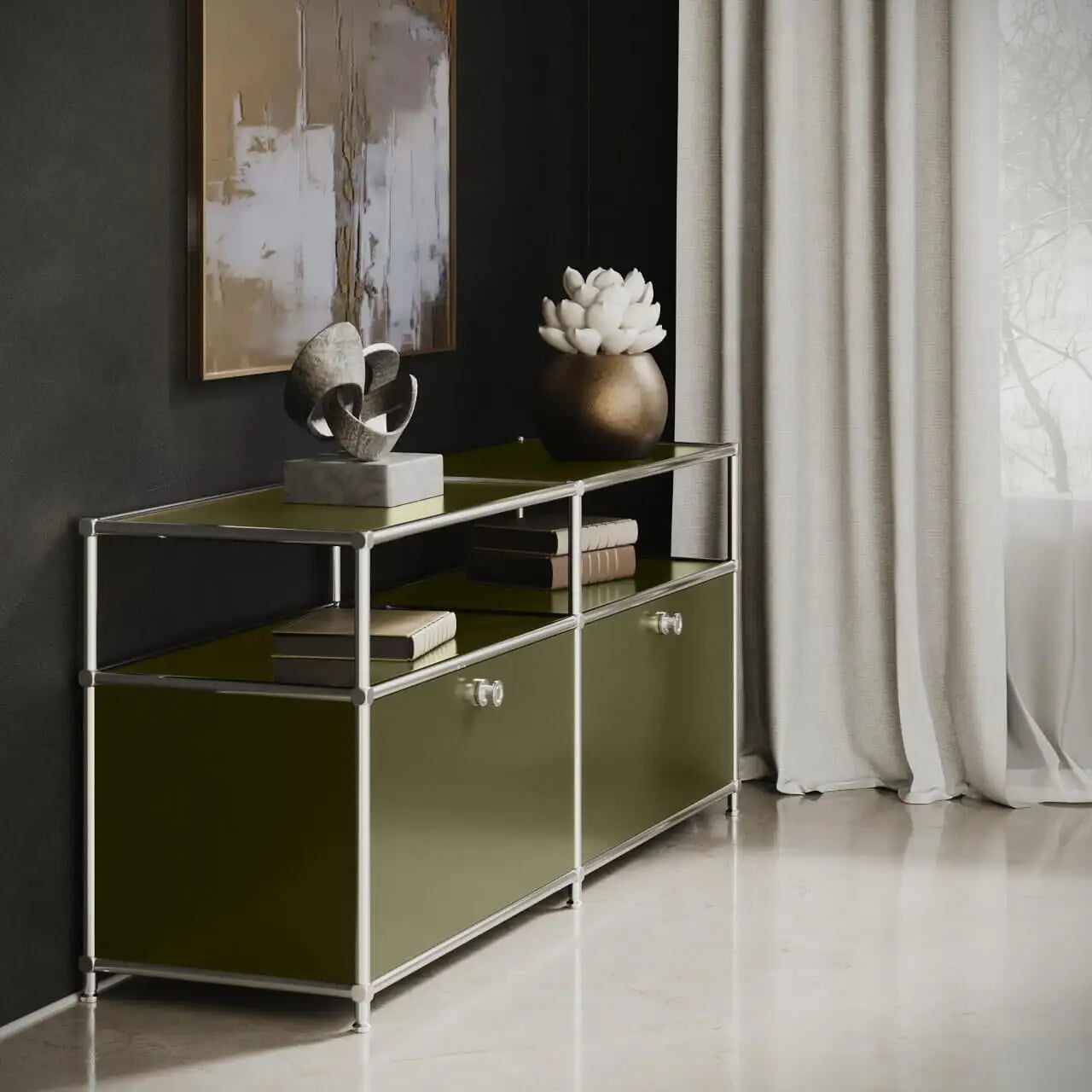 Lowboard in olive green with 2 flaps