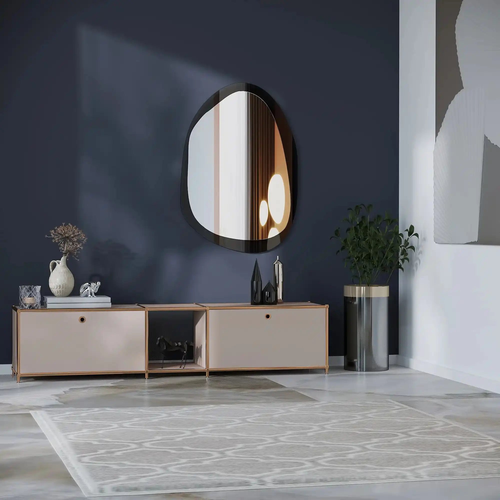 Meuble bas taupe à 2 portes – finition or rose