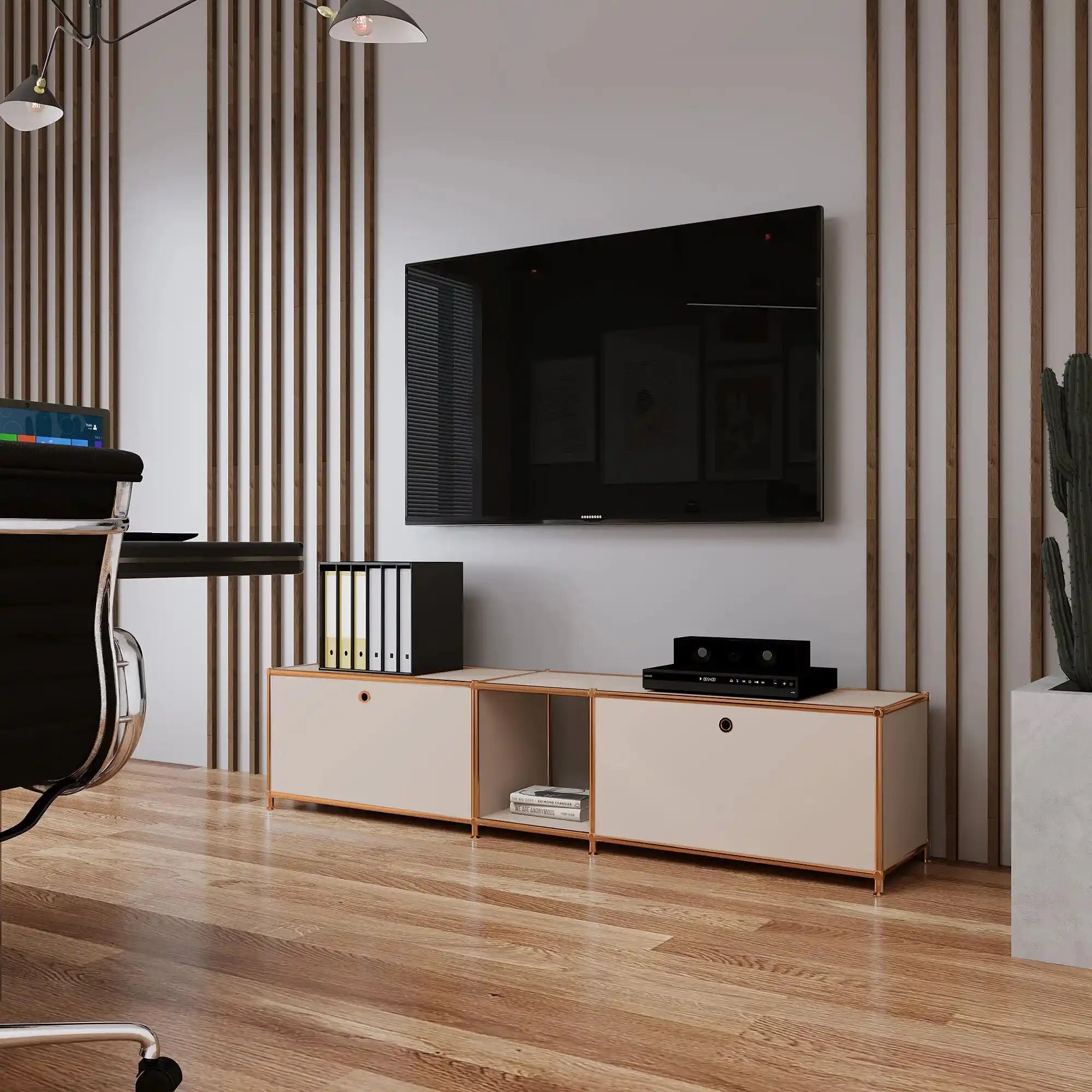 Meuble bas taupe à 2 portes – finition or rose