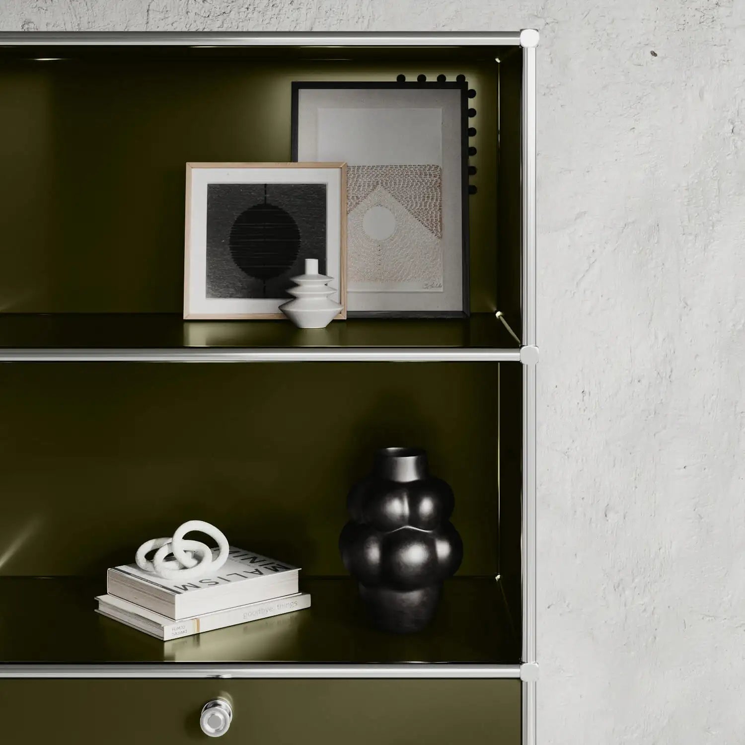 Étagère vert olive avec 2 tiroirs / rabats