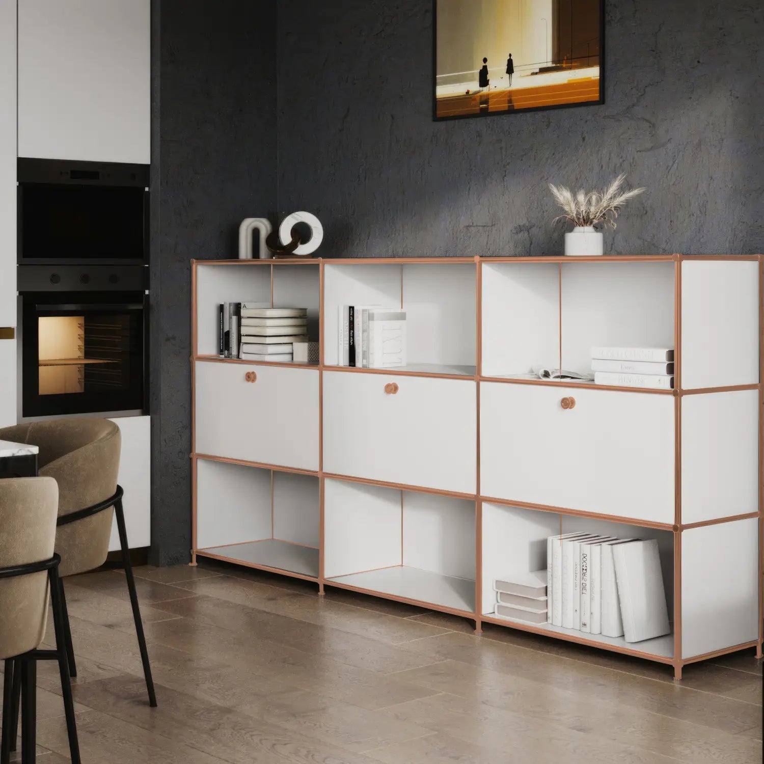 White shelf with 3 doors – rose gold finish