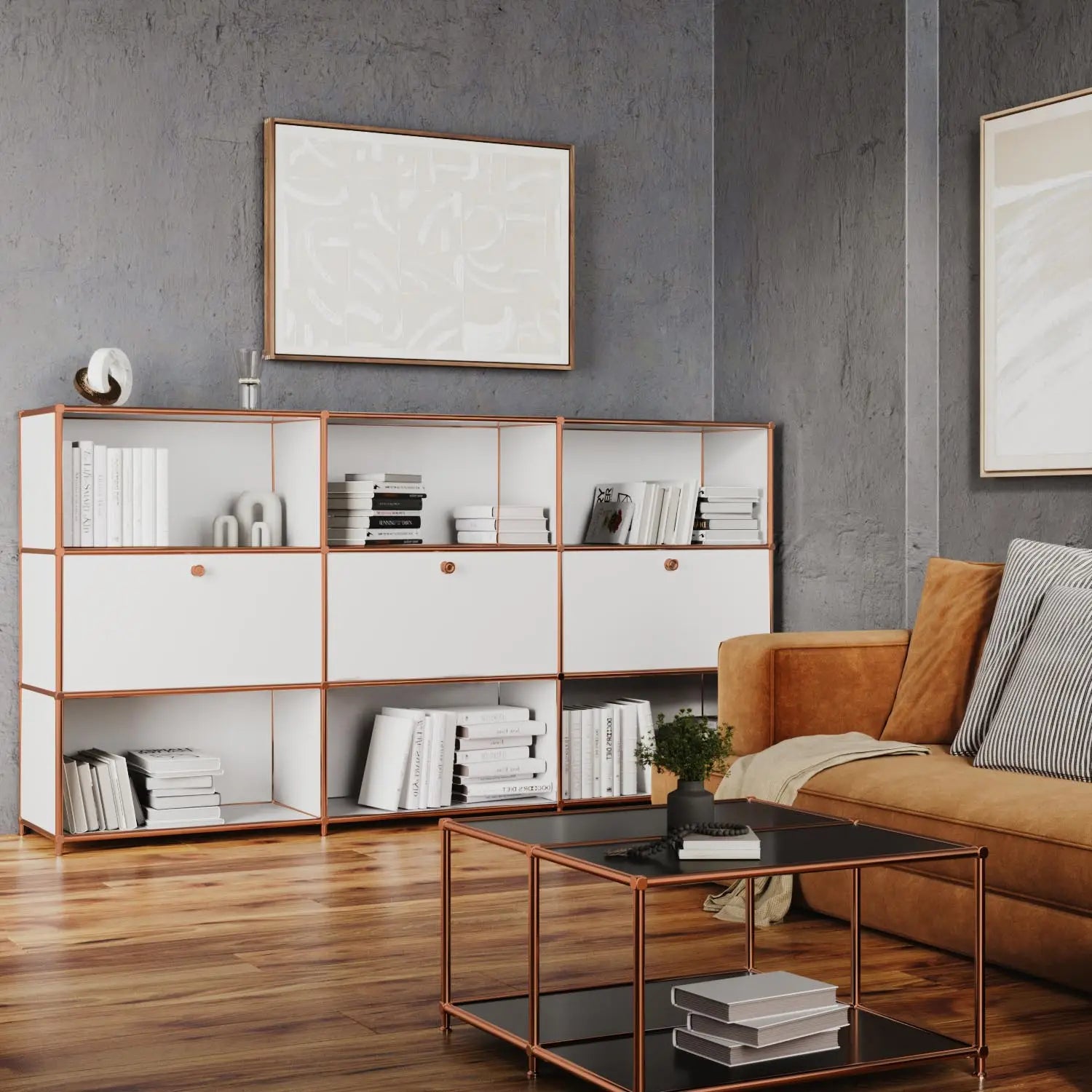 White shelf with 3 doors – rose gold finish