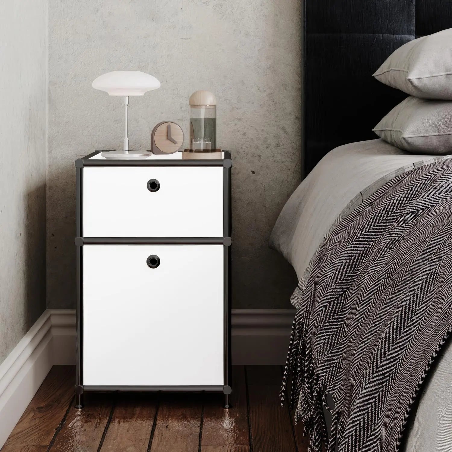 Boîte de rangement de bureau blanche à 2 tiroirs – chrome noir