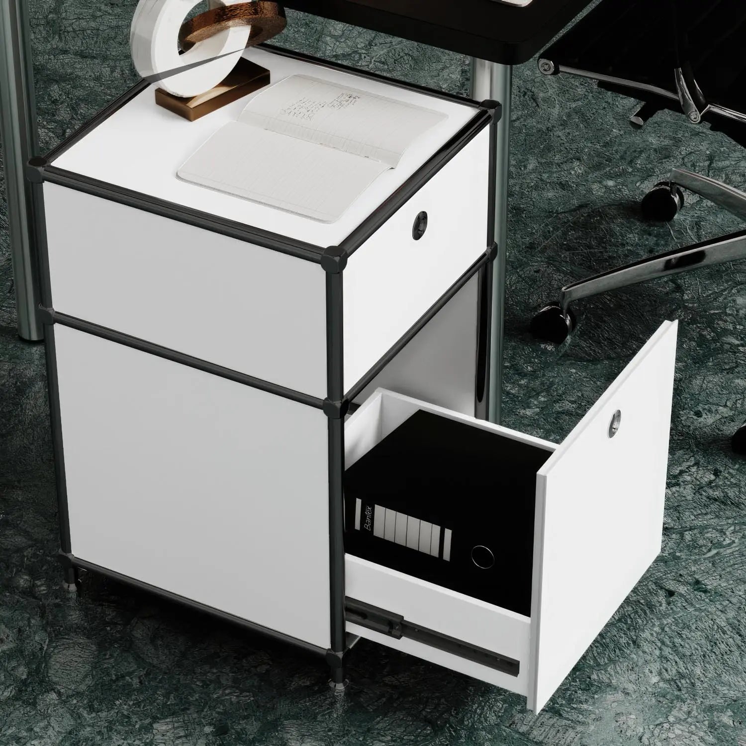 Boîte de rangement de bureau blanche à 2 tiroirs – chrome noir