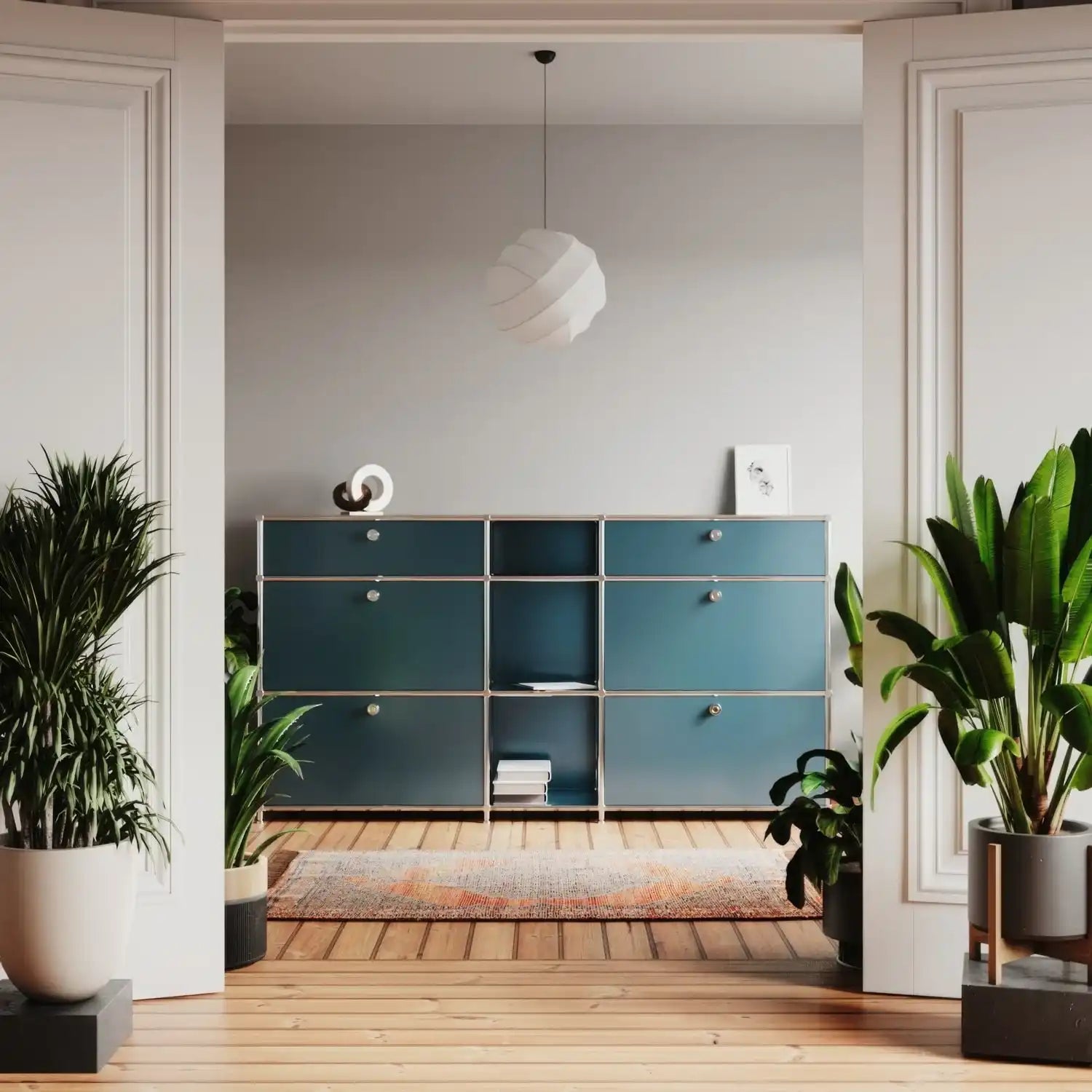 USM Haller Alternative von Flexcube: Kommode in Petrol mit 4 Schubladen / 2 Klappen