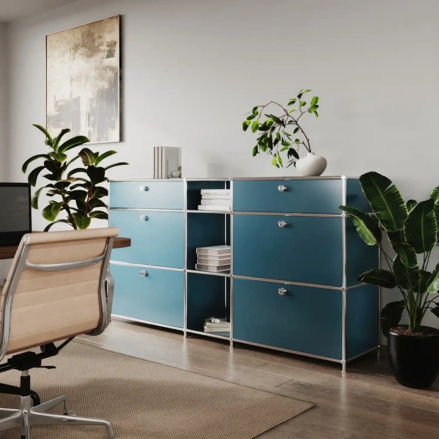 USM Haller Alternative von Flexcube: Kommode in Petrol mit 4 Schubladen / 2 Klappen