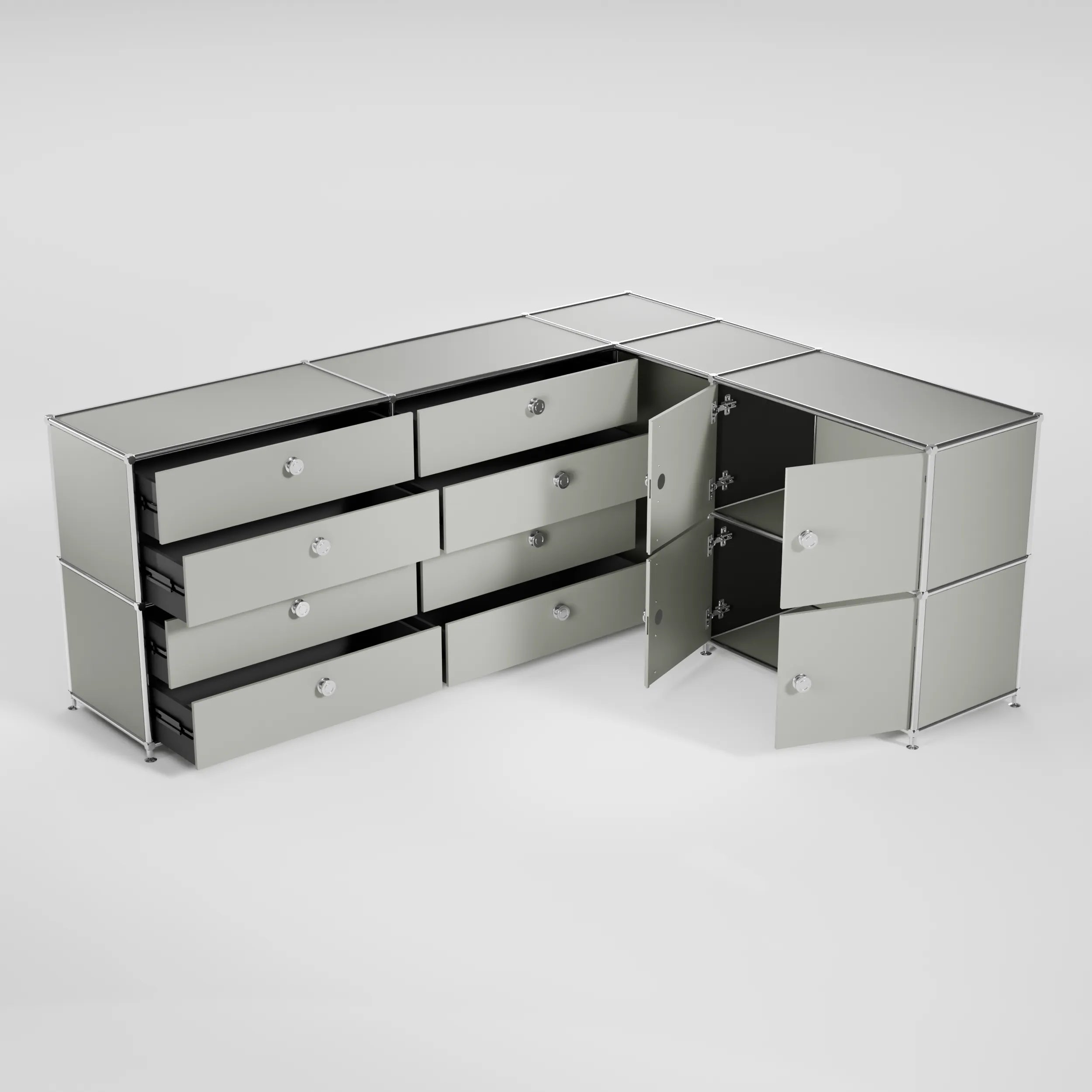 Ecksideboard hellgrau mit 8 Schubladen, 4 Klappen und Griffen – großes Flexcube Sideboard