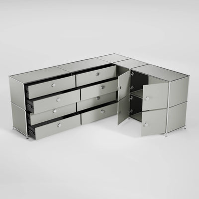 Corner sideboard, light grey, with 8 drawers, 4 flaps and handles – large Flexcube sideboard