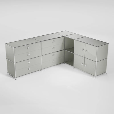 Corner sideboard, light grey, with 8 drawers, 4 flaps and handles – large Flexcube sideboard