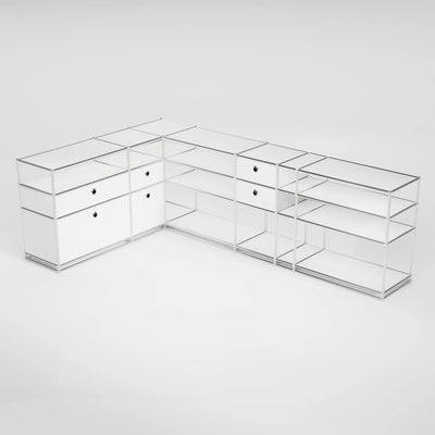 Corner sideboard in white with flap, 3 drawers, double drawer and hole handle – modular design sideboard