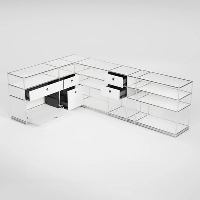 Corner sideboard in white with flap, 3 drawers, double drawer and hole handle – modular design sideboard