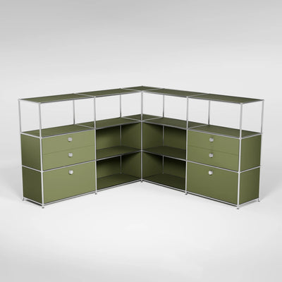 Corner sideboard in olive green with drawers, double drawers and handles