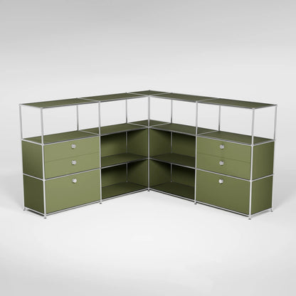 Ecksideboard olivgrün mit Schubladen, Doppelschubladen und Griffen