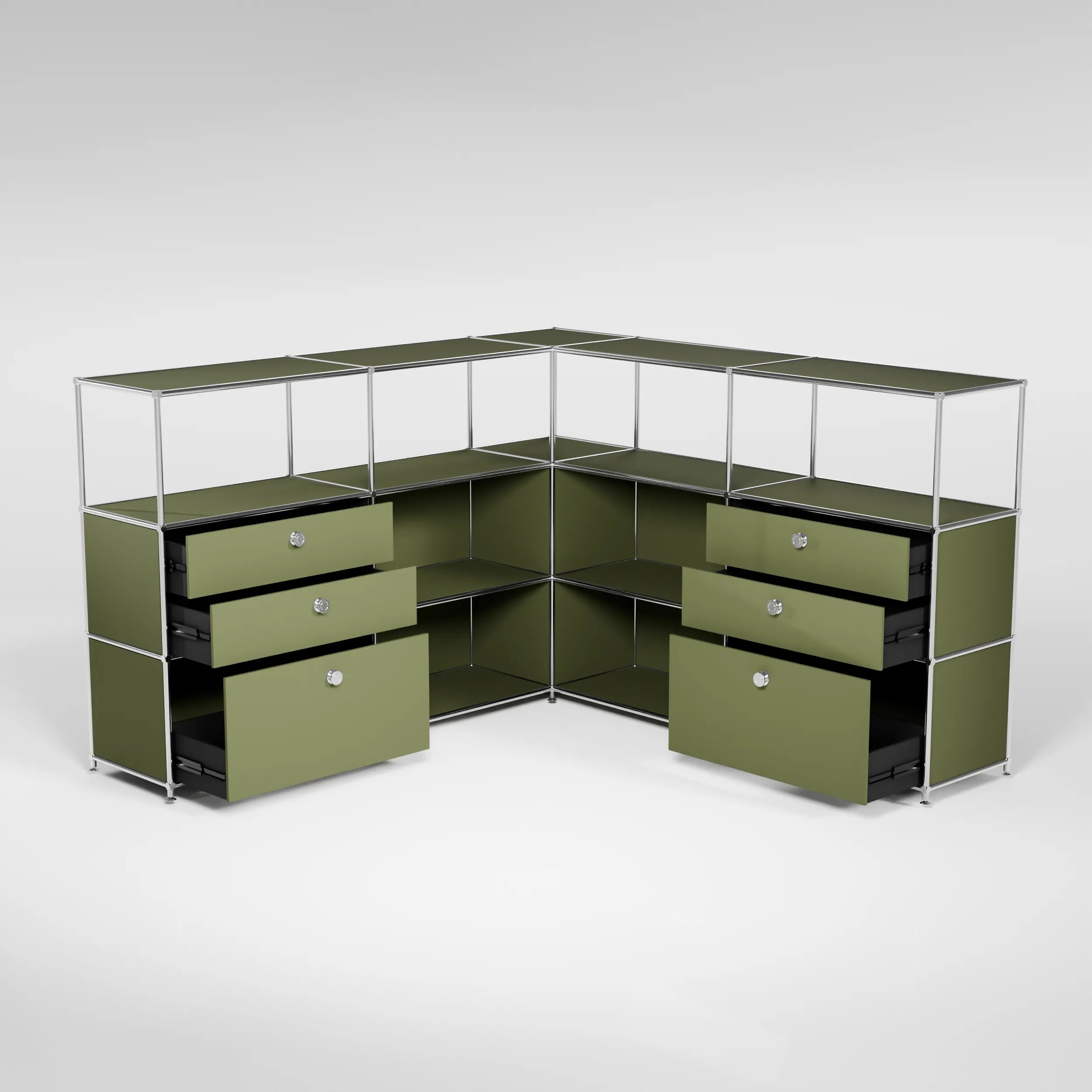 Ecksideboard olivgrün mit Schubladen, Doppelschubladen und Griffen