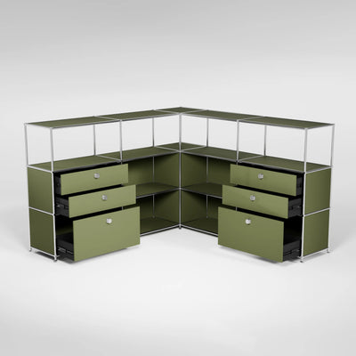 Corner sideboard in olive green with drawers, double drawers and handles