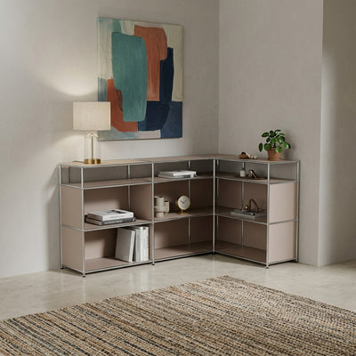 Ecksideboard taupe mit offenen Regalfächern – modulares Sideboard für Wohnzimmer & Büro