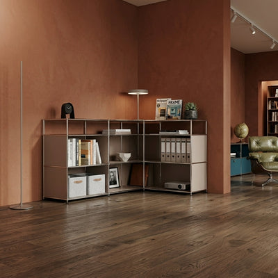 Ecksideboard taupe mit offenen Regalfächern – modulares Sideboard für Wohnzimmer & Büro