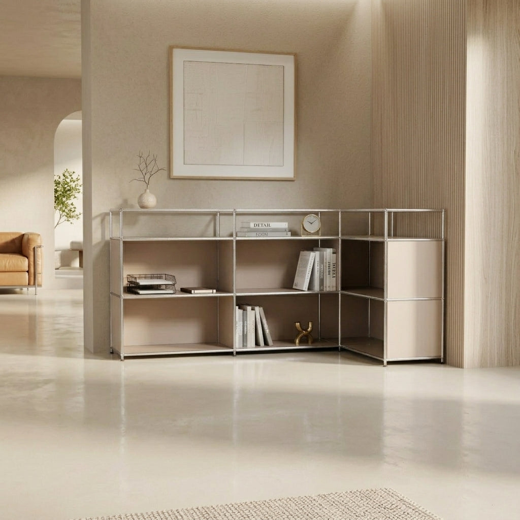 Ecksideboard taupe mit offenen Regalfächern – modulares Sideboard für Wohnzimmer & Büro