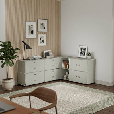 Corner sideboard, light grey, with 8 drawers, 4 flaps and handles – large Flexcube sideboard