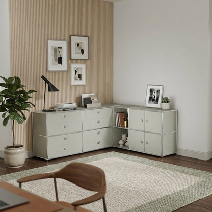 Ecksideboard hellgrau mit 8 Schubladen, 4 Klappen und Griffen – großes Flexcube Sideboard