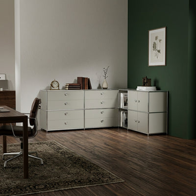 Corner sideboard, light grey, with 8 drawers, 4 flaps and handles – large Flexcube sideboard