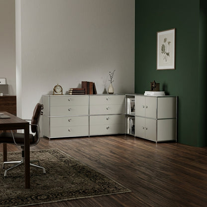 Ecksideboard hellgrau mit 8 Schubladen, 4 Klappen und Griffen – großes Flexcube Sideboard
