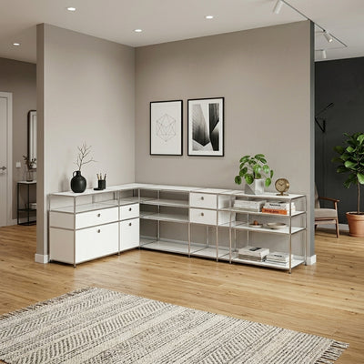 Corner sideboard in white with flap, 3 drawers, double drawer and hole handle – modular design sideboard