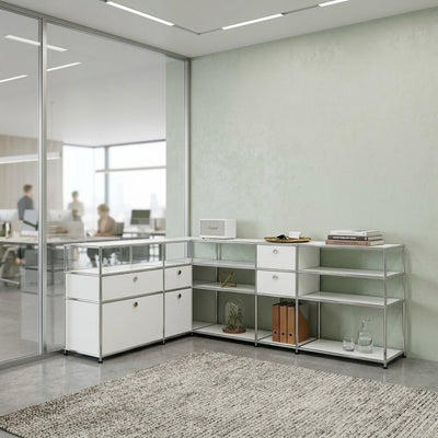 Corner sideboard in white with flap, 3 drawers, double drawer and hole handle – modular design sideboard