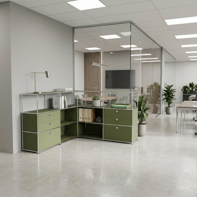 Corner sideboard in olive green with drawers, double drawers and handles