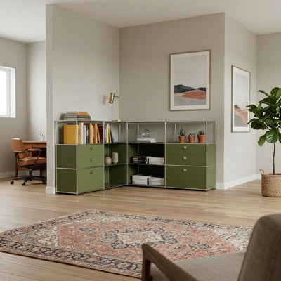 Corner sideboard in olive green with drawers, double drawers and handles