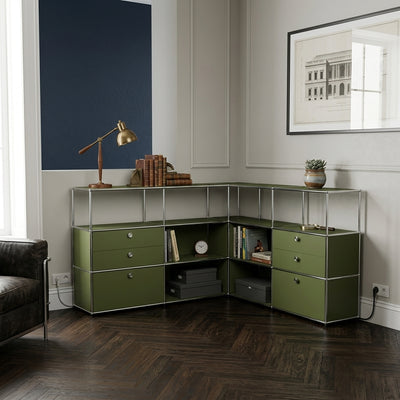 Corner sideboard in olive green with drawers, double drawers and handles
