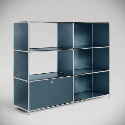 Small reception counter in petrol blue with 2 compartments for product presentation