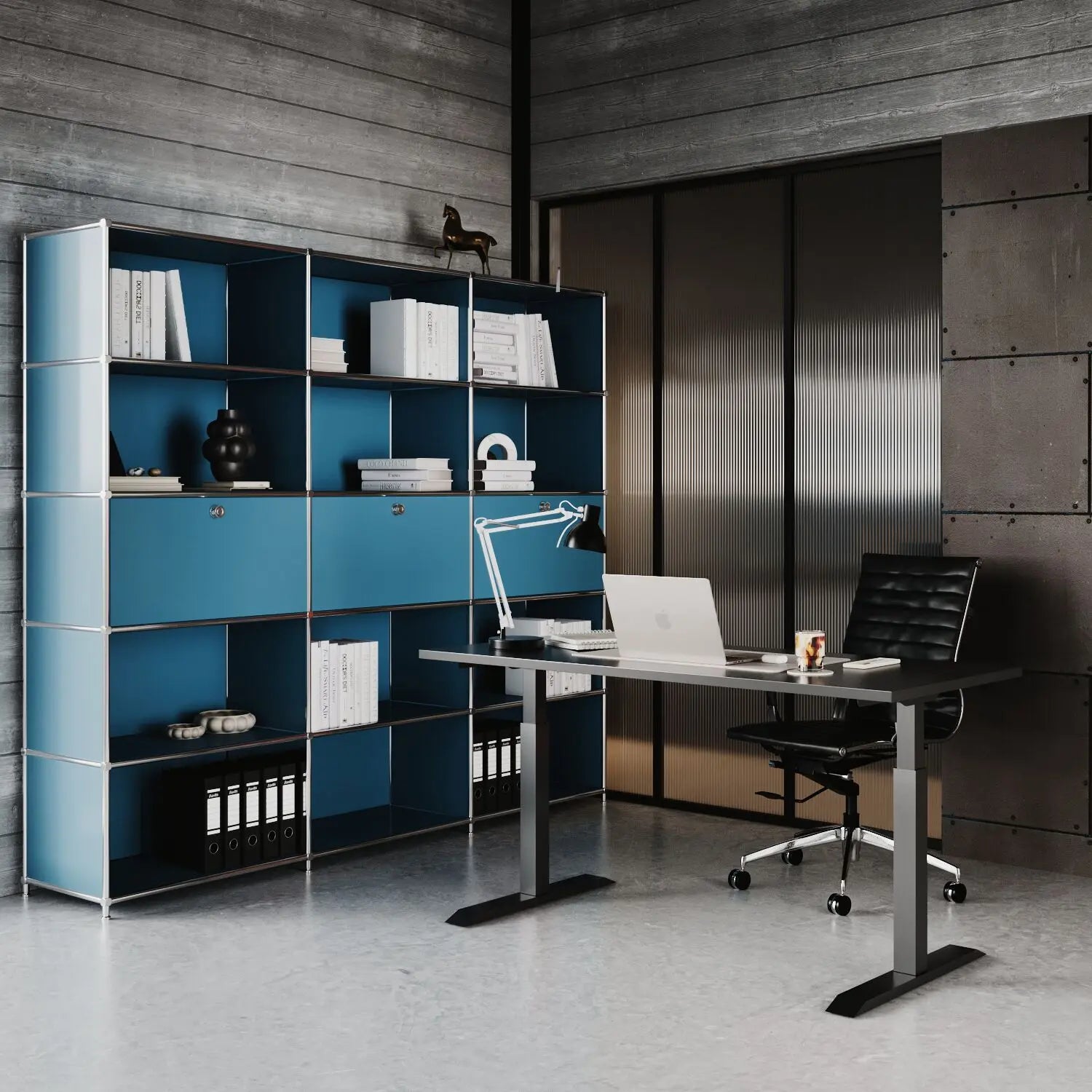 Regal in Petrol mit 3 Klappen