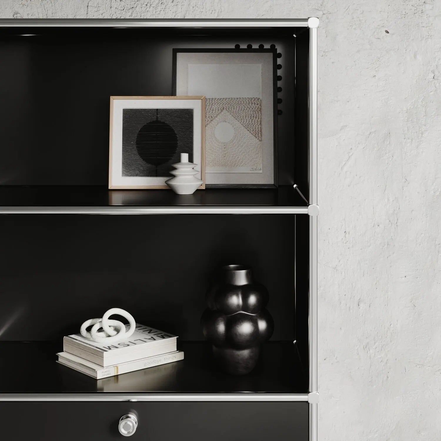 Regal in Schwarz mit 2 Schublden / Klappen