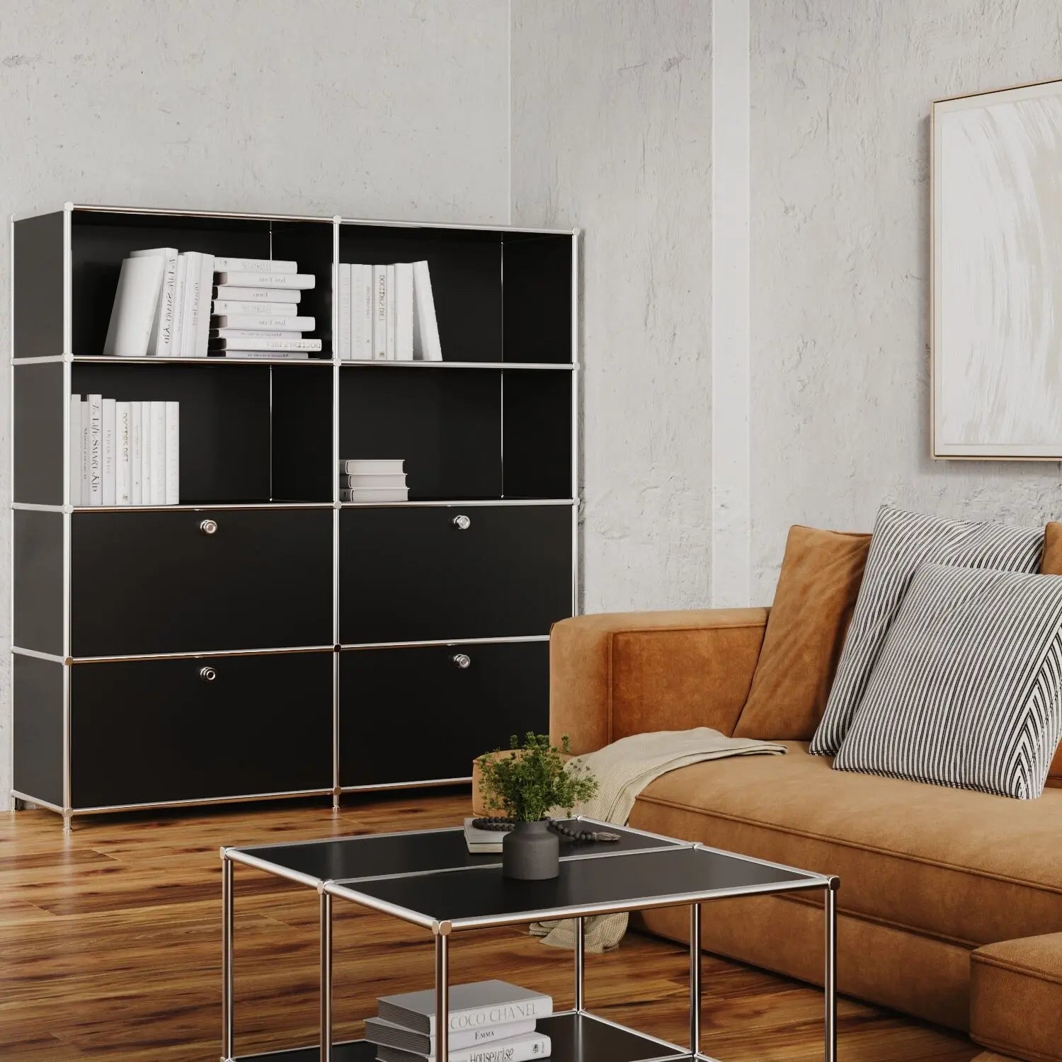 Regal in Schwarz mit 2 Schublden / Klappen