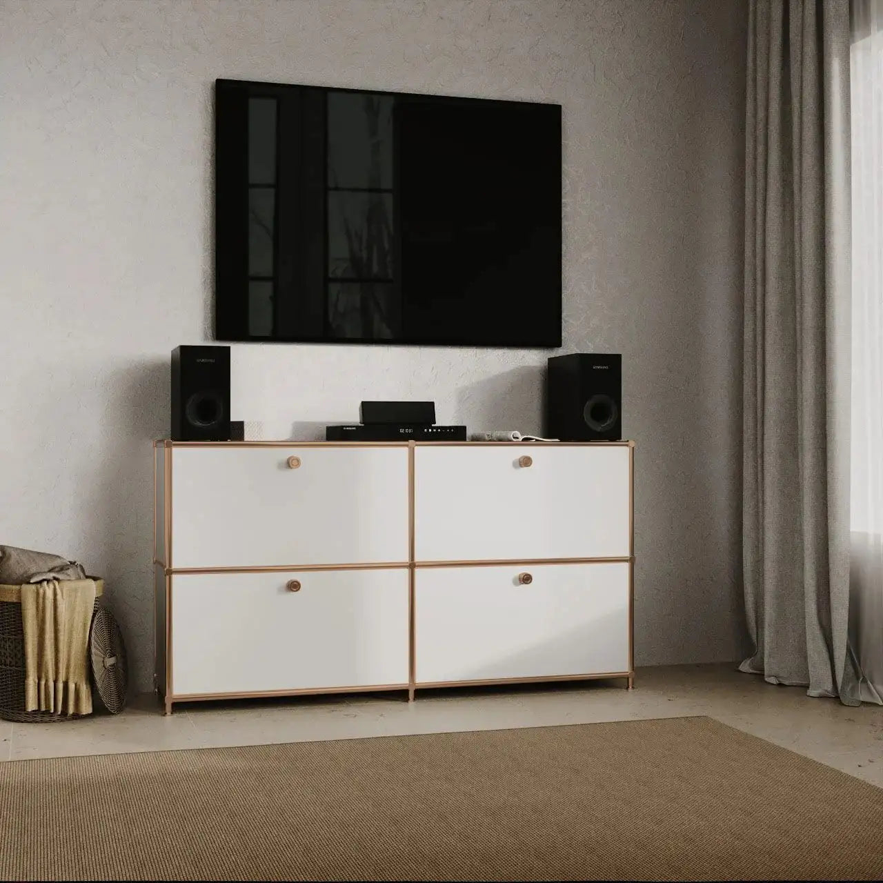 Sideboard in Weiss mit 4 Klappen – Roségold-Finish