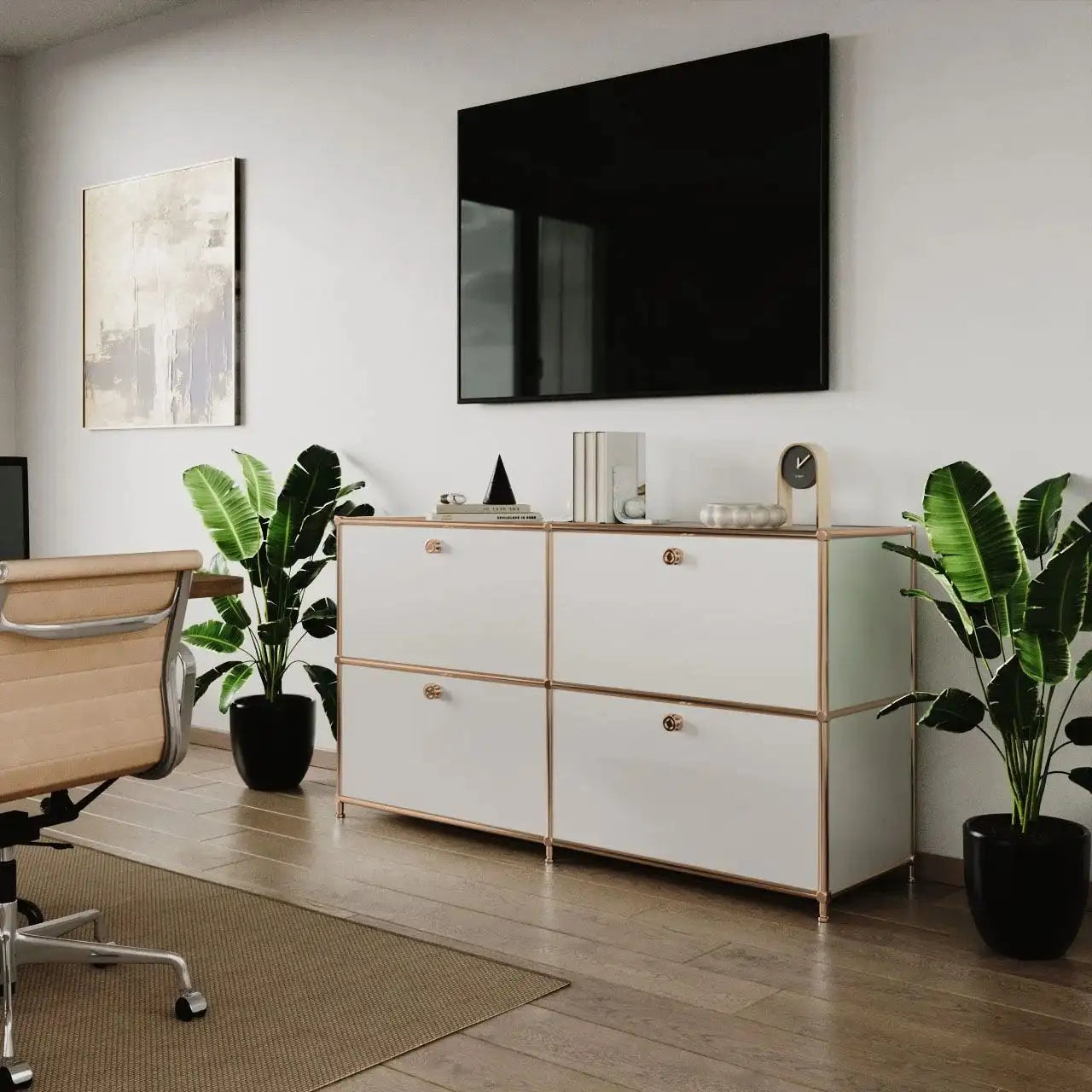 Sideboard in Weiss mit 4 Klappen – Roségold-Finish