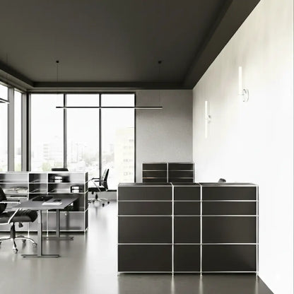 Comptoir d'accueil noir avec compartiments bas et hauts