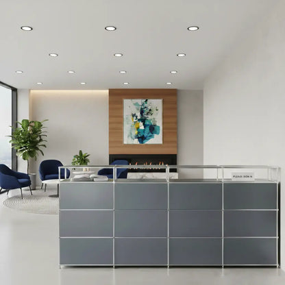 Large reception desk in dark grey