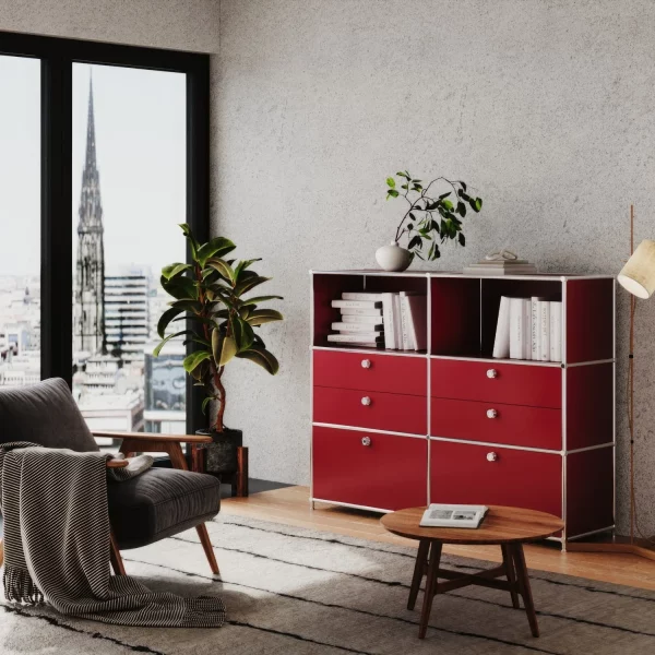 Commode rouge avec 6 tiroirs